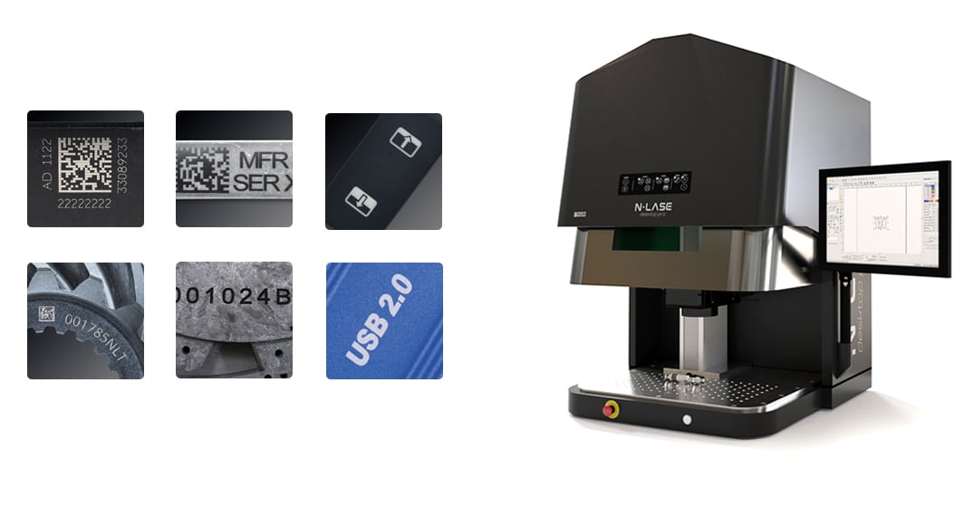 Lasermarkier Maschine Needham Laser Technologie mit sechs quadratischen Bildbeispielen mit unterschiedlichen Beschriftungen